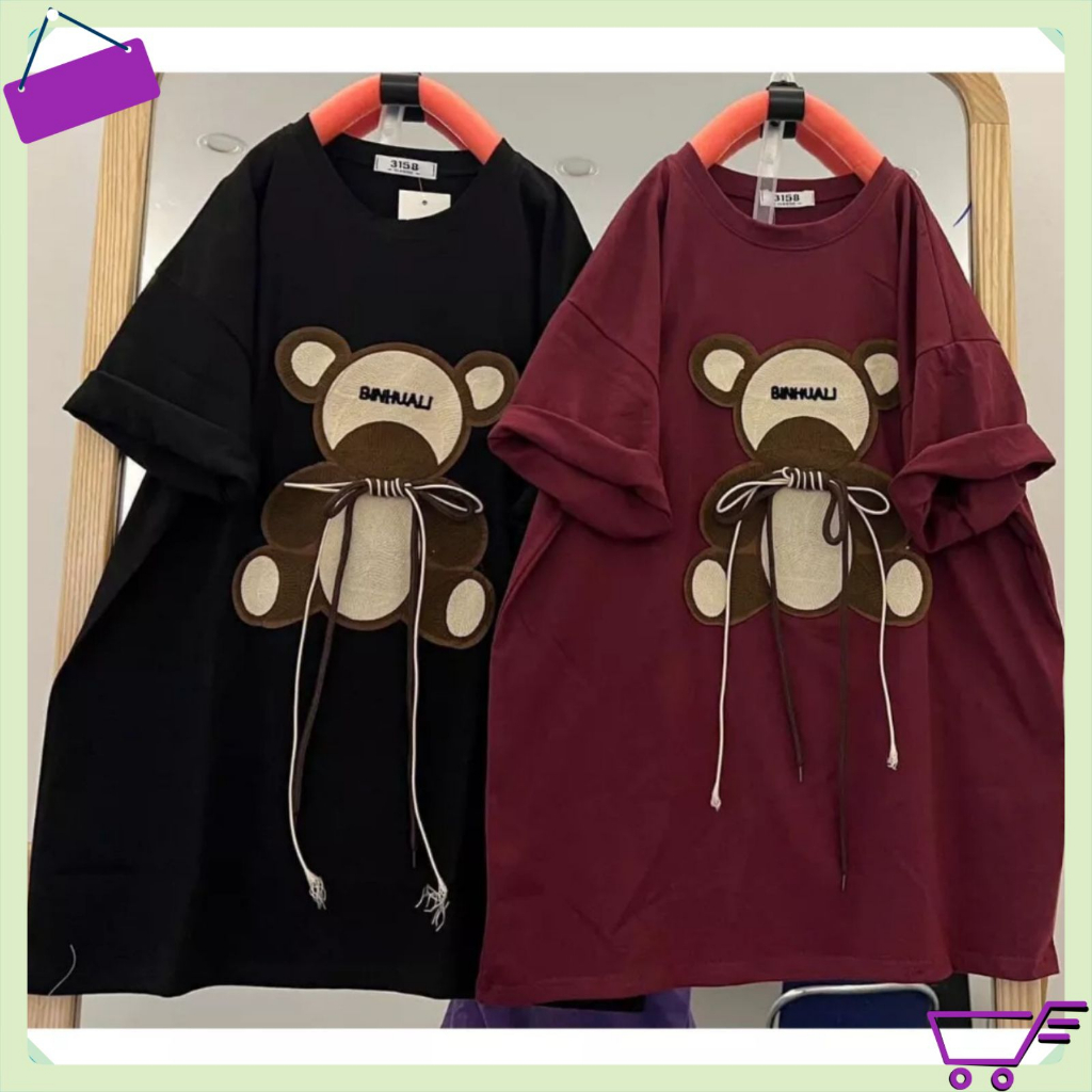 Áo thun nữ nam tay lỡ form rộng Gấu Thêu Oversize Unisex chất cotton siêu đẹp vải dày dặn