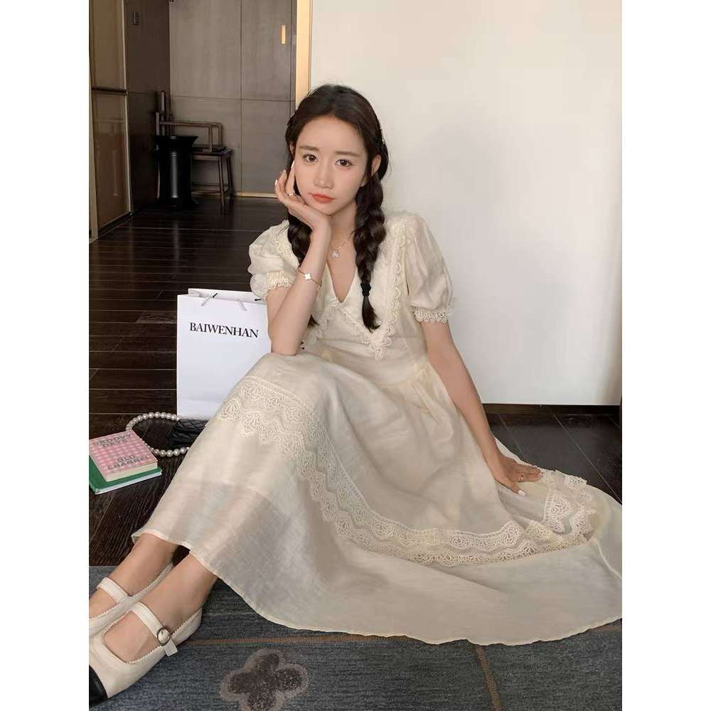 Váy Cộc Tay Dài Qua Gối Phối Ren Form Rộng Dáng Xòe Váy Trắng Tiểu Thư Đầm Nữ Kiểu Hàn Quốc Váy Đi Biển Đi Chơi V207