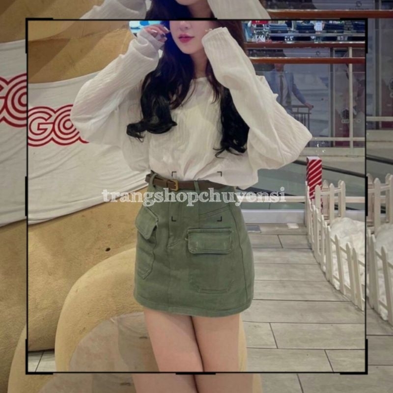 set áo thun Gân tay dài + chân váy rêu chữ A