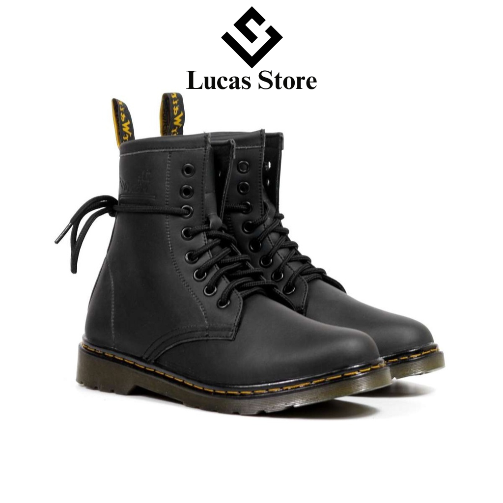 Giày Boots Nam Nữ Dr 1460 Lucas Store, Kiểu dáng đốc cao cổ, da PU Thái, đế kếp khâu cao 3,5cm (051 Đen Trơn)