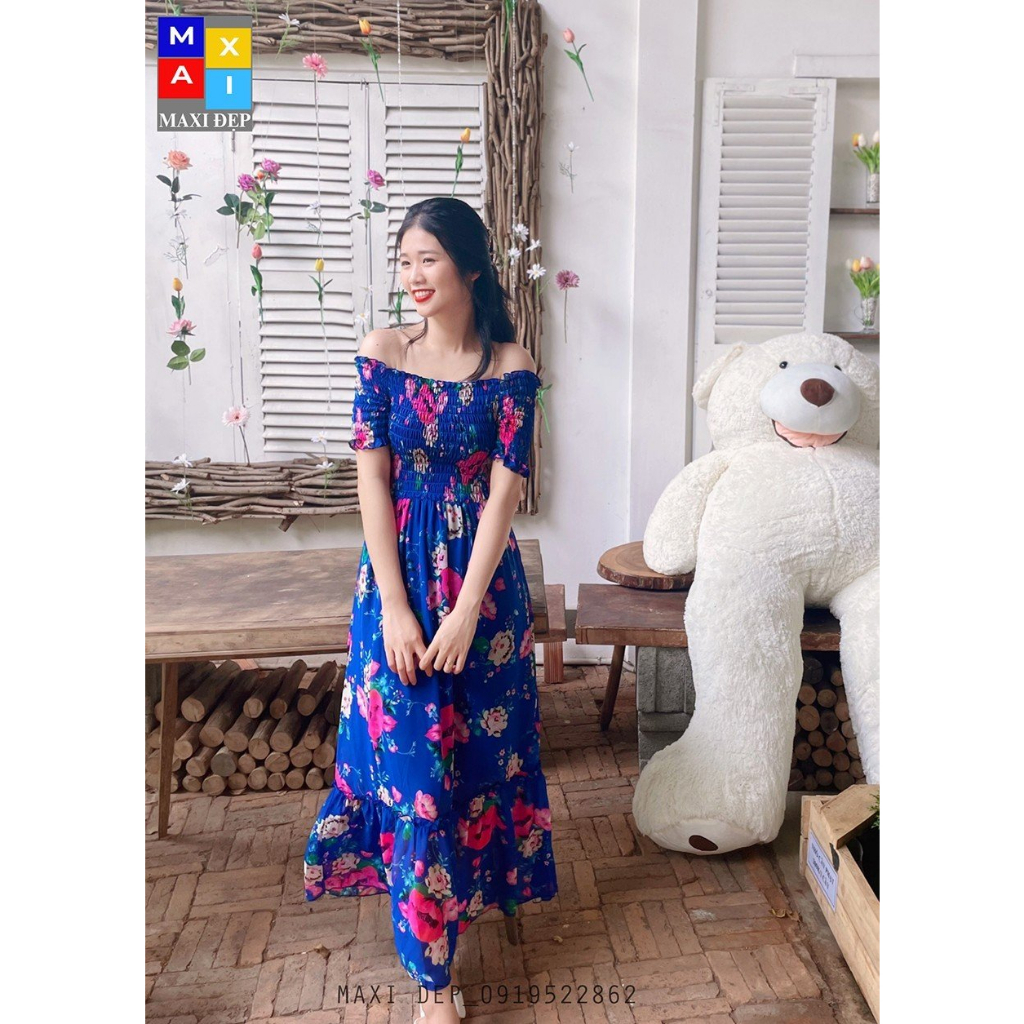 Đầm Trễ Vai Maxi Đẹp Hoa Hồng Nền Xanh Bích Freesize Tôn dáng cho Nàng Dưới 55kg