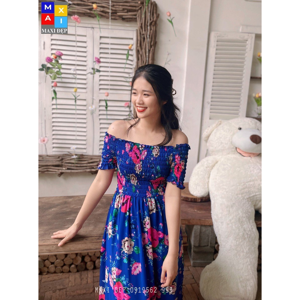 Đầm Trễ Vai Maxi Đẹp Hoa Hồng Nền Xanh Bích Freesize Tôn dáng cho Nàng Dưới 55kg