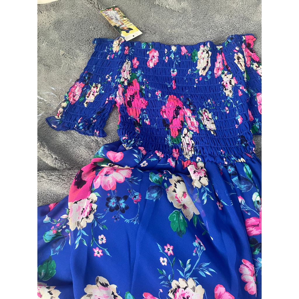 Đầm Trễ Vai Maxi Đẹp Hoa Hồng Nền Xanh Bích Freesize Tôn dáng cho Nàng Dưới 55kg