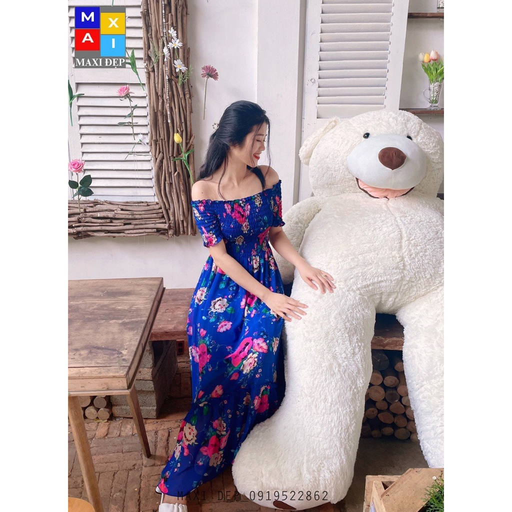 Đầm Trễ Vai Maxi Đẹp Hoa Hồng Nền Xanh Bích Freesize Tôn dáng cho Nàng Dưới 55kg
