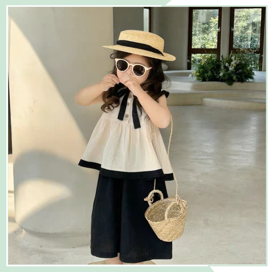 Set bộ bé gái sành điệu, bộ đồ bé gái chất đũi lạnh dáng bèo siêu xinh mùa hè BBG54