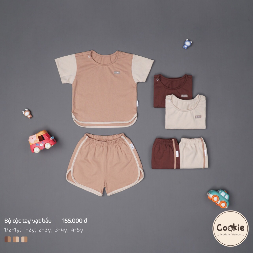 Bộ cộc tay cổ tròn Cookie phối sườn chất vải tăm lạnh thoáng mát cho bé