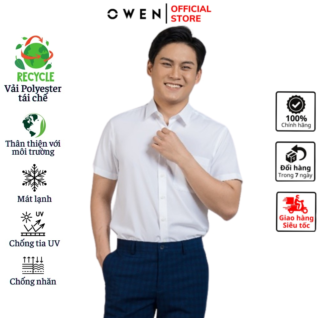 Áo sơ mi trắng ngắn tay nam OWEN AR221643NT công sở vải recycle poly màu trắng trơn dáng suông tà lượn có túi