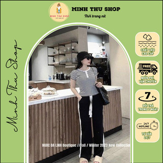 Set bộ áo thun sọc phối quần suông dài sang trọng Minhthushop