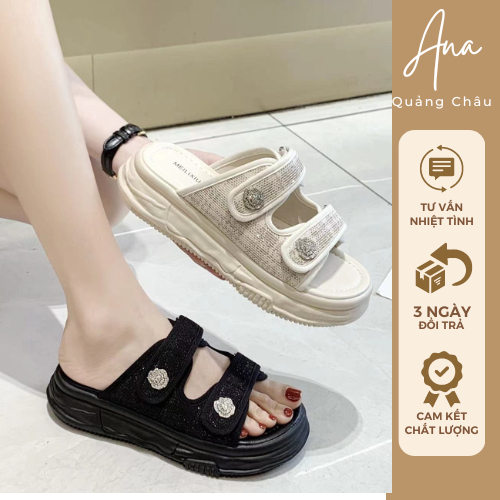Dép sandal quai ngang hở mũi màu đen trắng hàng quảng châu Ana QC