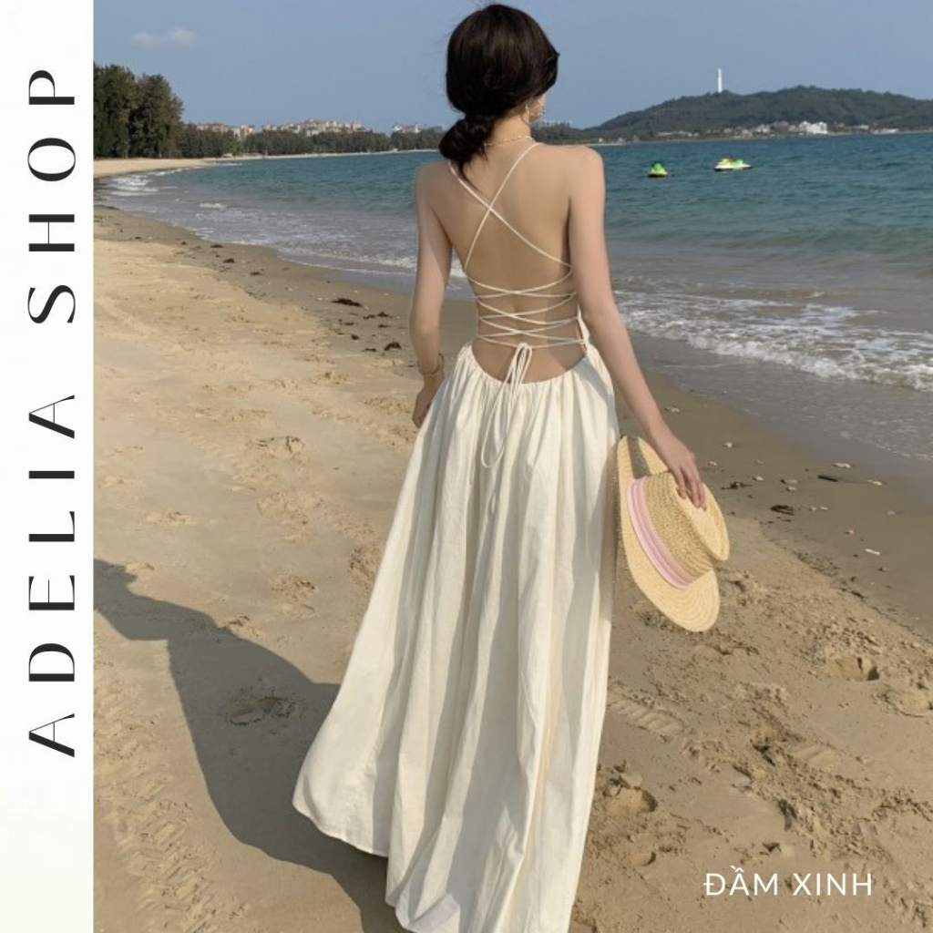 Sẵn -「ADELIA」Đầm Maxi Trắng Hở Lưng Dáng Dài Chất Đẹp Hàng 2 Lớp, Đầm Trắng Đi Biển Hàng Quảng Châu
