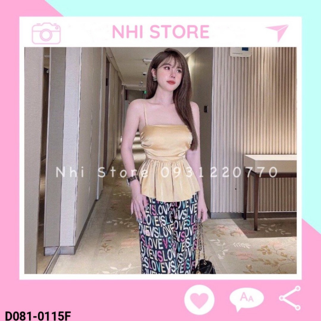 Set Bộ Kiểu Nhistore Áo 2 Dây Cúp Ngực Dún Quần Dài Ống Rộng Họa Tiết Freesize Dưới 57kg