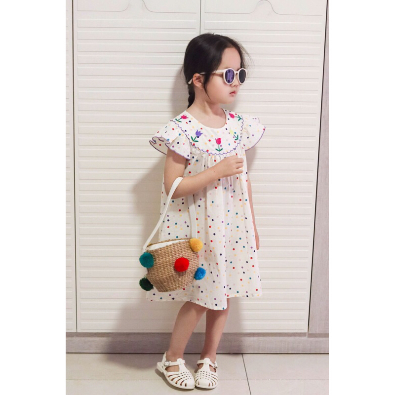 Váy thô mềm chấm bi cho bé gái - Váy thêu hoa Tulip dáng dài - Váy tay cánh tiên thoáng mát