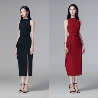 Váy Lane Jt Estelle belted dress xẻ đùi đen- đỏ! 100% chính hãng! 1650