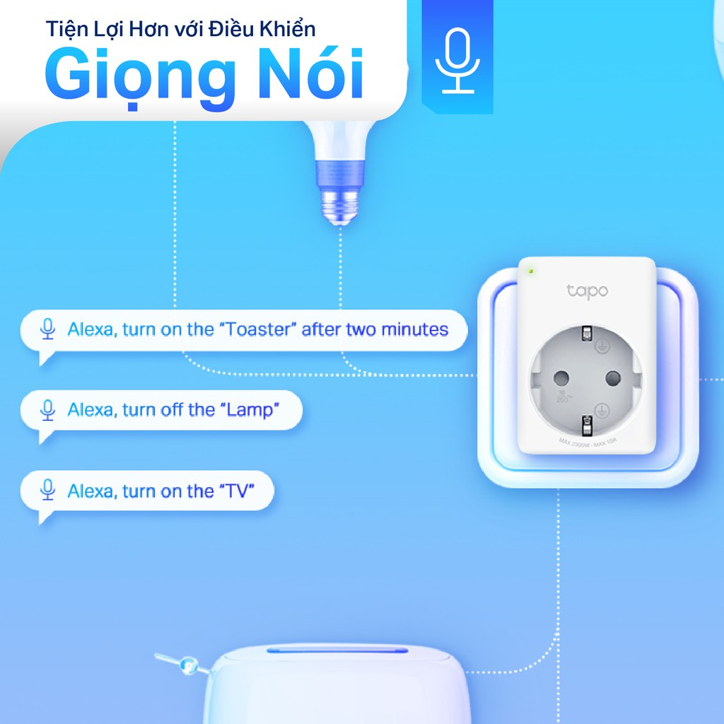 Ổ cắm wifi thông minh TP-Link Tapo P100 2300 W - 10 A, điều khiển từ xa, ra lệnh bằng giọng nói, hẹn giờ bật/ tắt