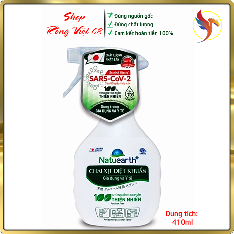 Diệt Khuẩn Natuearth Plus 410ml Chiết xuất 100% thực vật thiên nhiên khử khuẩn. Chai cồn xịt - Chất lượng Nhật Bản