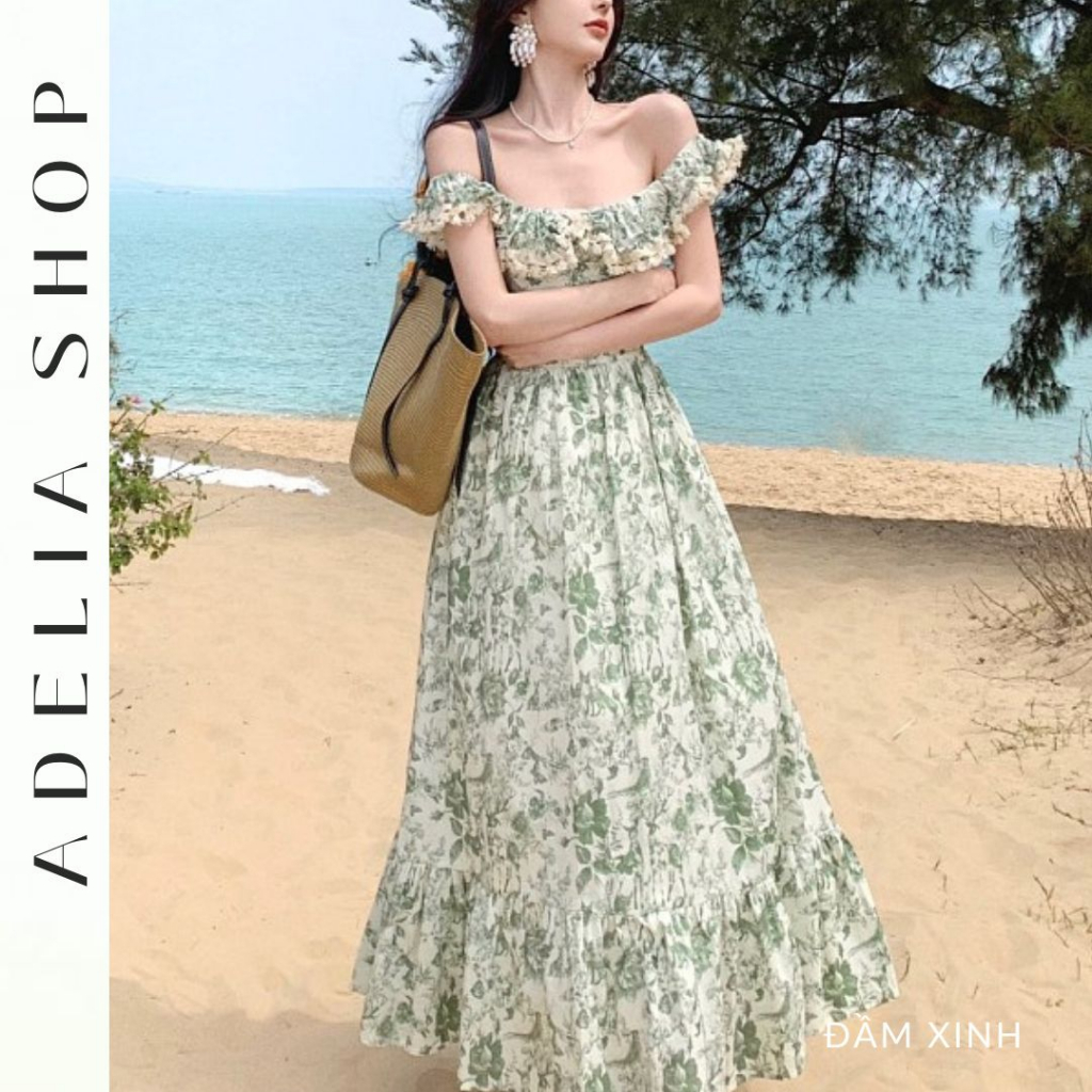 Sẵn -「ADELIA」Đầm Hoa Trễ Vai Tea Break Hoa Tiết Tranh Sơn Dầu, Đầm Maxi Hoa Dáng Dài 2 Lớp Hàng Quảng Châu