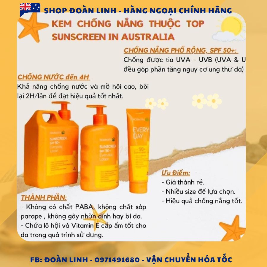 Kem chống nắng Woolworths Everyday Sunscreen SPF 50+ Đủ Size Không Gây Nhờn Rít Dùng Được Cho Mặt Và Body, Hàng chuẩnÚc