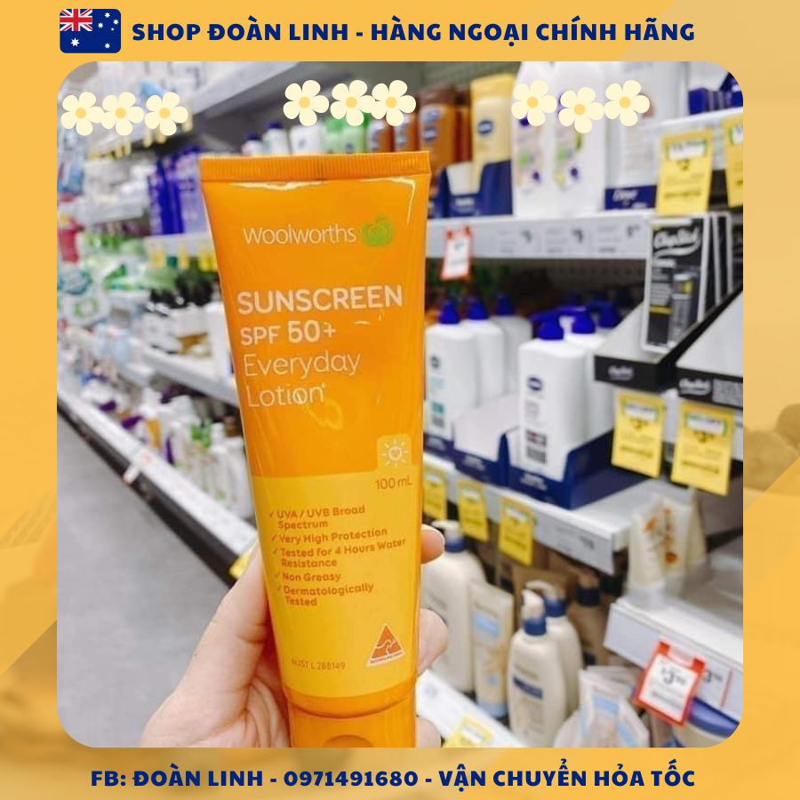 Kem chống nắng Woolworths Everyday Sunscreen SPF 50+ Đủ Size Không Gây Nhờn Rít Dùng Được Cho Mặt Và Body, Hàng chuẩnÚc