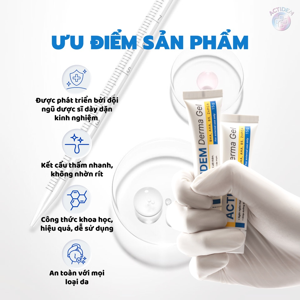 Kem giảm mụn ngừa thâm ẩm mịn da Actidem Derma Gel 15g 18g 40g