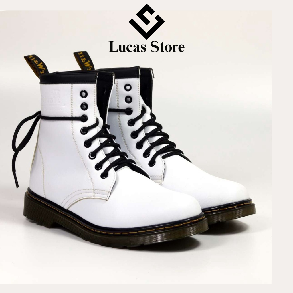 Giày Boots Nam Nữ Dr 1460 Trắng Lucas Store, Kiểu dáng đốc cao cổ, da PU Thái, đế kếp khâu cao 3,5cm (052 trắng)