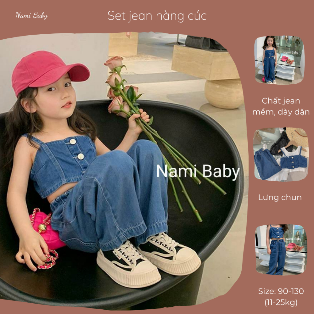 (XẢ HÀNG HÈ) Set jean 2 dây hàng cúc và quần ống rộng cho bé gái Nami Baby cá tính