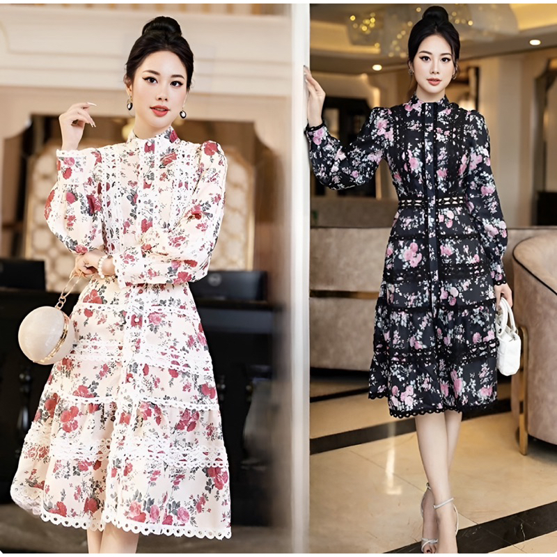 ( HÀNG QUẢNG CHÂU SIÊU CẤP) VÁY ĐẦM LỤA PHỐI REN - HỌA TIẾT HOA HỒNG - DÁNG XÒE “ĐẸP XUẤT SẮC”