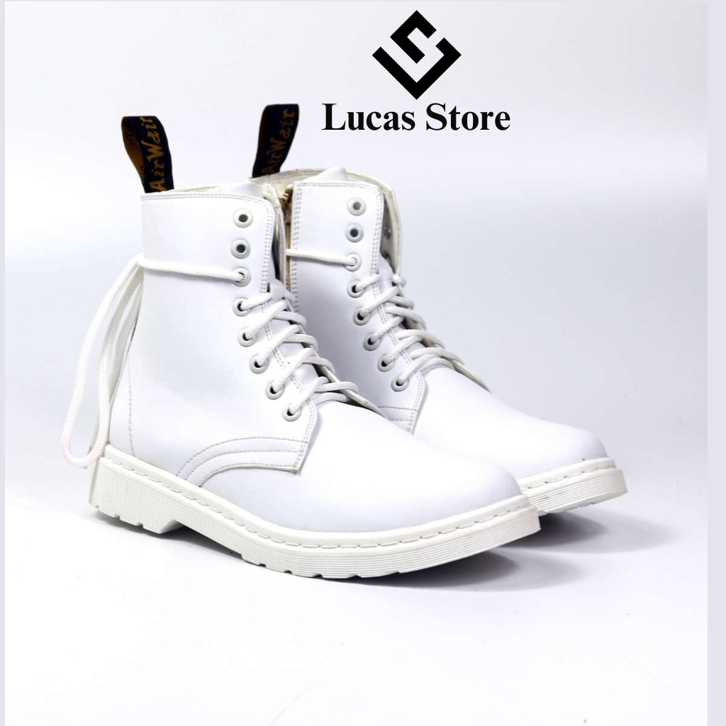 Giày Boots Nam Nữ Dr 1460 Full White Lucas Store, Kiểu dáng đốc cao cổ, da PU Thái, đế khâu cao 3,5cm (052 Full White)