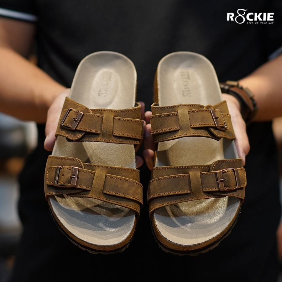 Dép nam đế trấu da bò thật - dép da hàng hiệu Beckman Maya - da Sáp Crazyhorse nhập khẩu cao cấp - BMBI03BO - R8ckie