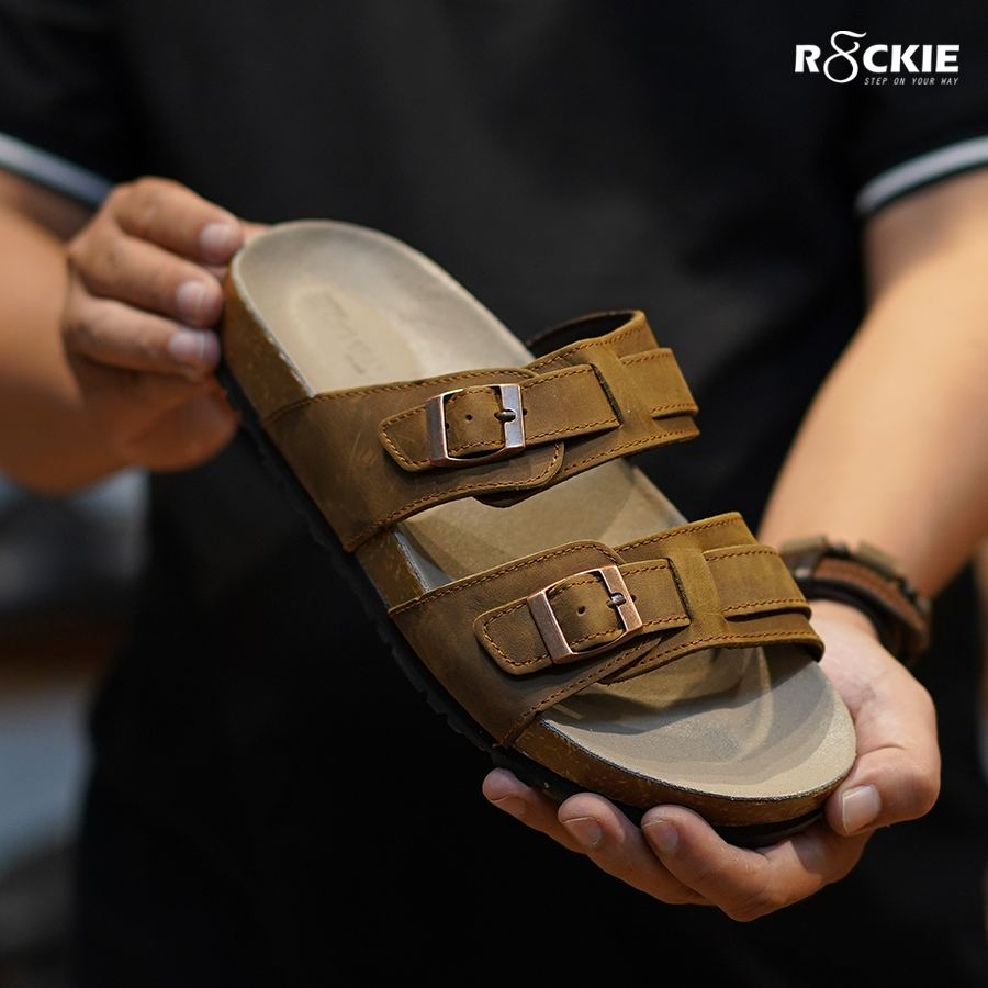 Dép nam đế trấu da bò thật - dép da hàng hiệu Beckman Maya - da Sáp Crazyhorse nhập khẩu cao cấp - BMBI03BO - R8ckie