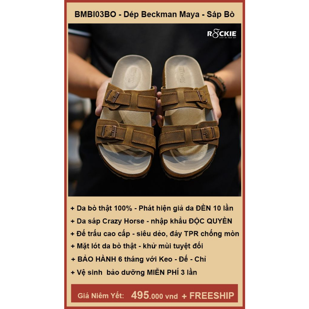 Dép nam đế trấu da bò thật - dép da hàng hiệu Beckman Maya - da Sáp Crazyhorse nhập khẩu cao cấp - BMBI03BO - R8ckie