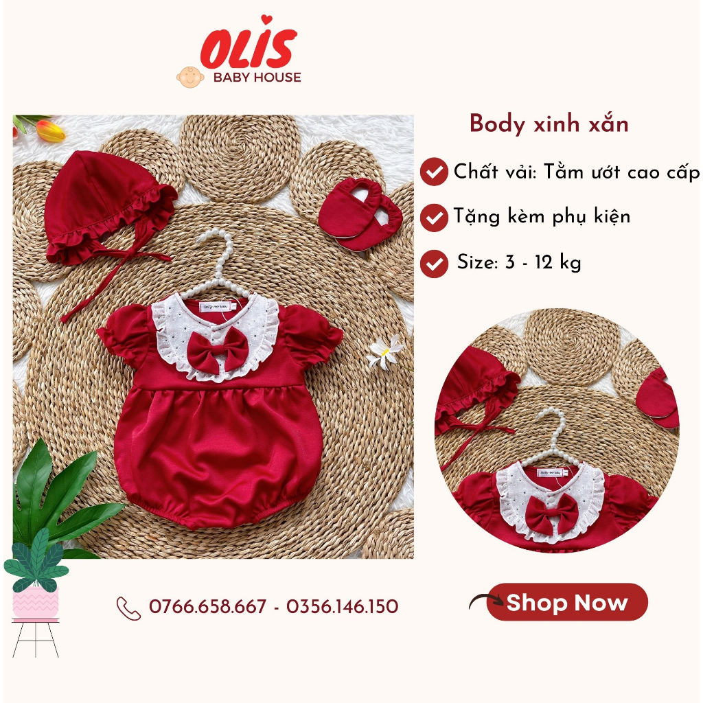 Body màu đỏ xinh xắn cho Bé gái OLIS Baby House, size 3 - 12 kg
