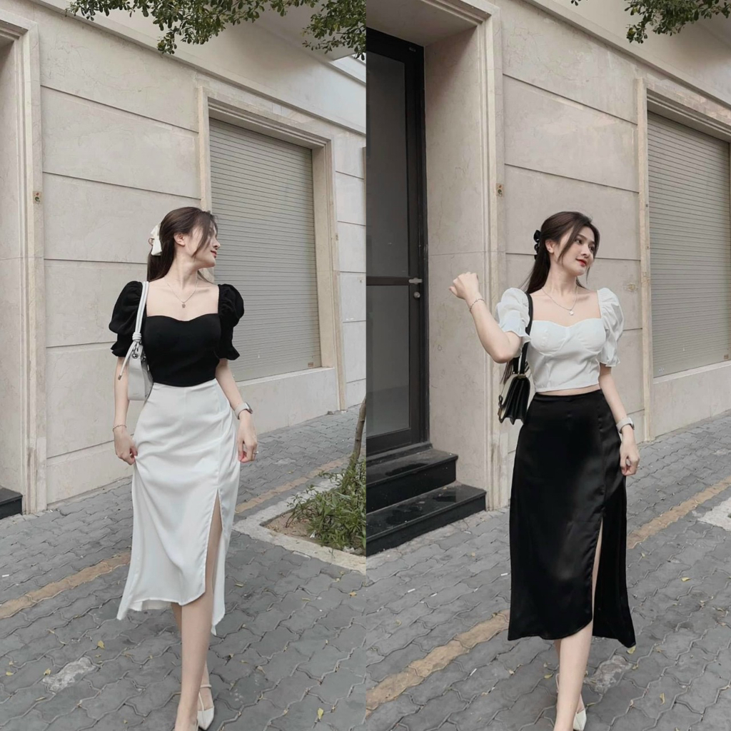 Set váy nữ áo cổ vuông tay bèo phồng phối chân váy xẻ tà xinh xắn, thanh lịch với 2 tone màu đơn sắc, phù hợp đi dự tiệc