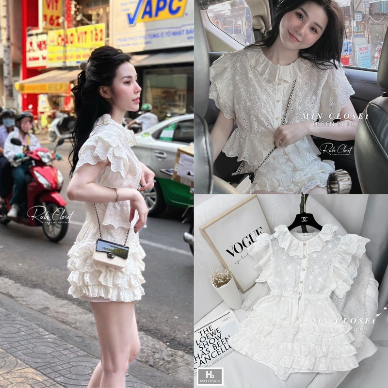 Set Thô Trắng Ren Bèo Khuy Ngọc MIN • Melanie Boutique
