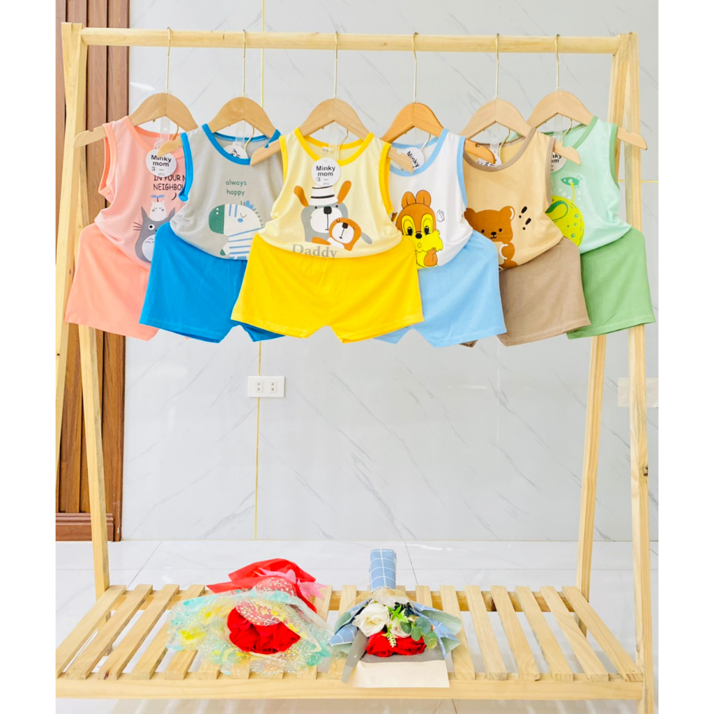 Bộ Ba Lỗ MinKy Mom Cổ Viền Áo In Hình Quần Màu Trơn Thun Lạnh Cho Bé