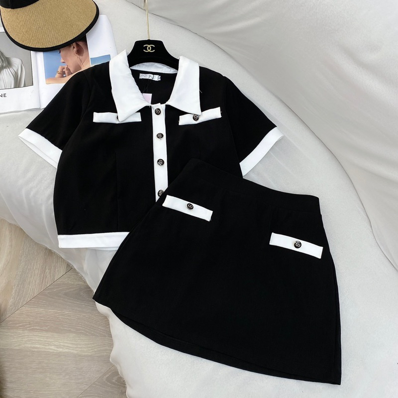 Sét chân váy A , Áo dáng lửng phối viền Bigsize