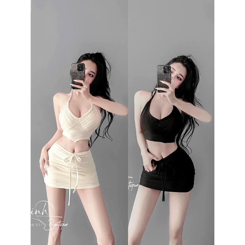SET ÁO CỔ YẾM DÁNG NGẮN PHỐI CHÂN VÁY ÔM BODY