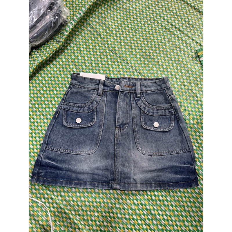 Chân váy jean túi hộp , Chân váy bò ngắn chữ A có lót trong xinh xắn