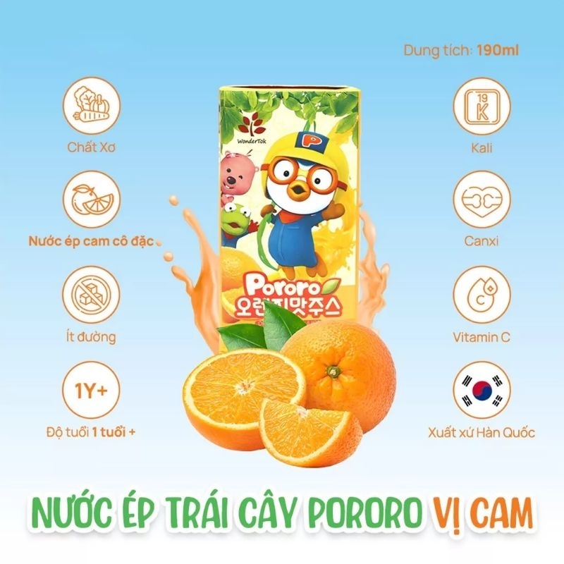 Nước ép trái cây Pororo Wondertok nội địa Hàn Quốc, nước ép hoa quả vị nho, cam,táo
