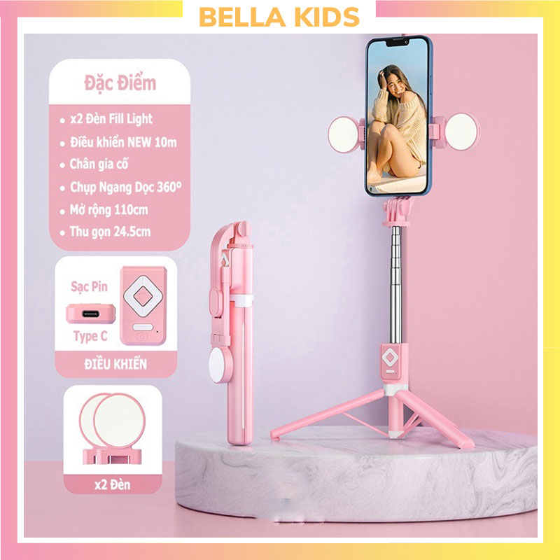 Gậy chụp ảnh Tripod Có Đèn Fill Light Kèm Điều Khiển Từ Xa 10m Kết Nối Bluetooth Bella Kids
