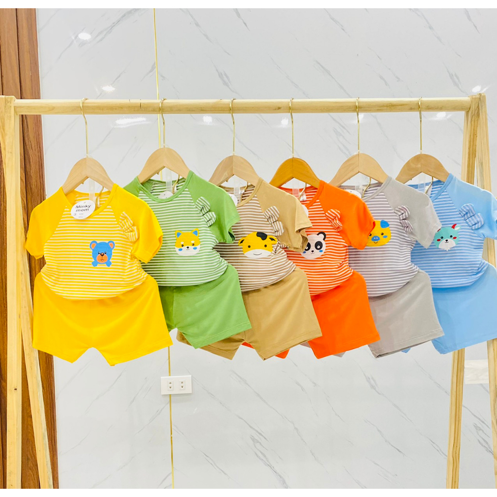 Bộ Cộc Tay MinKy Mom Áo Kẻ Giáp Lăng Tai Thật 1 Bên in Hình Ngực Quần Trơn Thun Lạnh Cho Bé