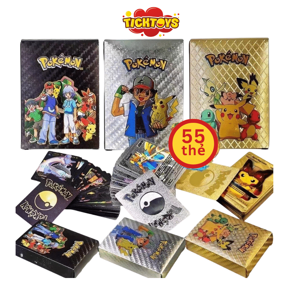 Hộp 160 Thẻ Bài Pokemon TCG Bóng Bộ Thẻ Kim Loại Vàng Bạc Đen Pokemon