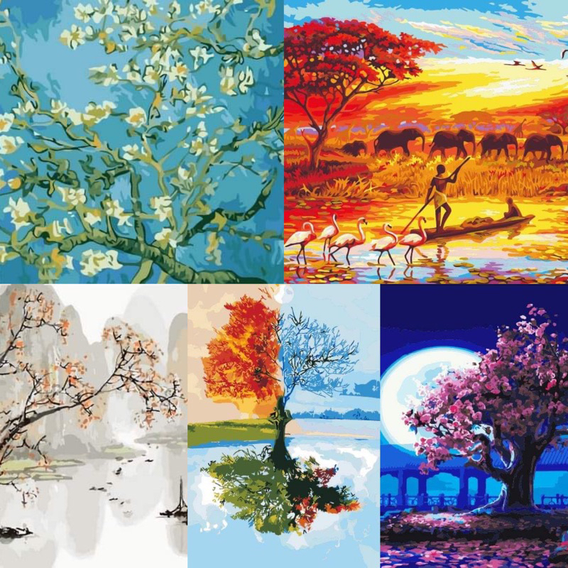TRANH SƠN DẦU SỐ HOÁ( Tranh tô màu theo số) Hình cây lá tuyệt đẹp size 40*50cm kèm khung