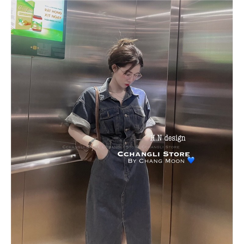 M03-VÁY JEAN CHUN EO XẺ TRƯỚC GẤU TUA