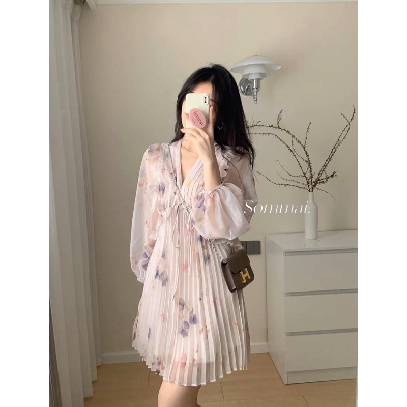 Váy hoa tay bồng dập ly babydoll cổ V cao cấp - Đầm hoa voan xếp ly đi biển