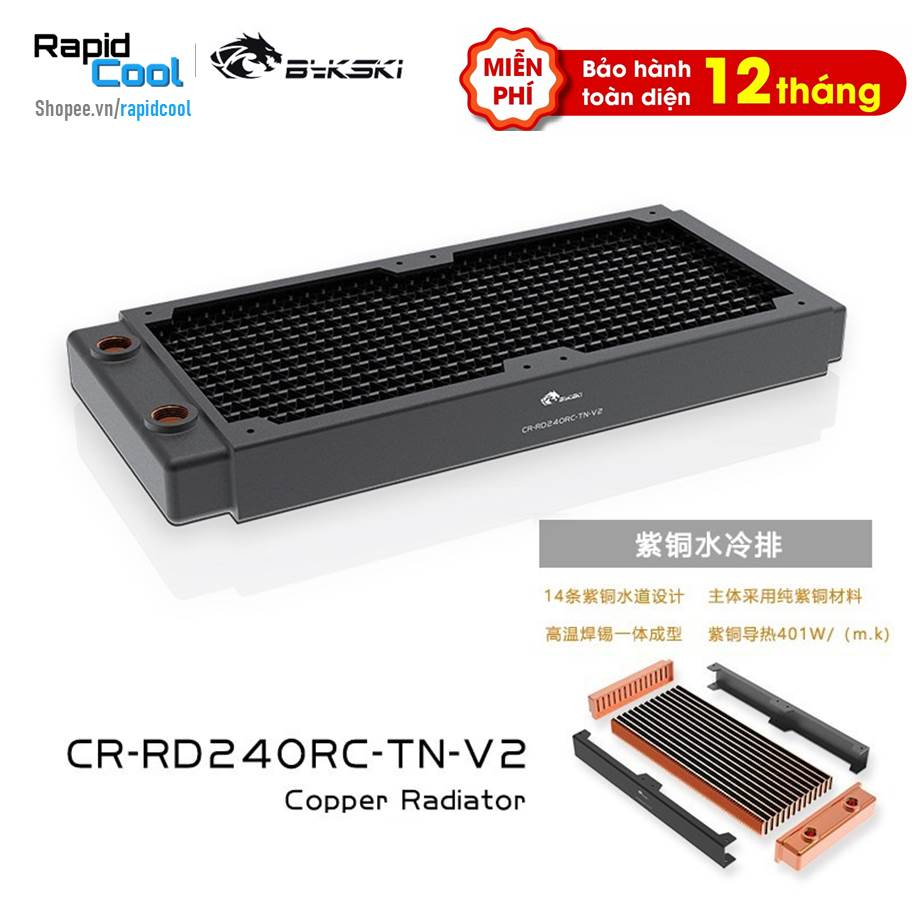 Két nước làm mát đồng nguyên chất thế hệ 2 loại 240mm dày 27mm | BYKSKI | CR-RD240RC-TN-V2