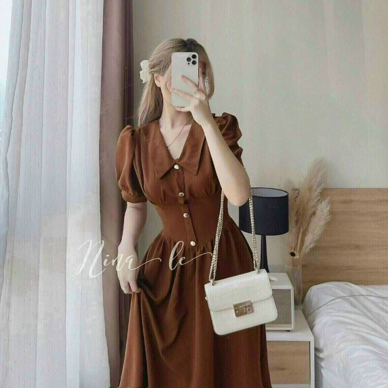Đầm dự tiệc đi chơi màu trắng, màu đen và màu nâu cổ sơ mi tay ngắn dáng xòe sang trọng