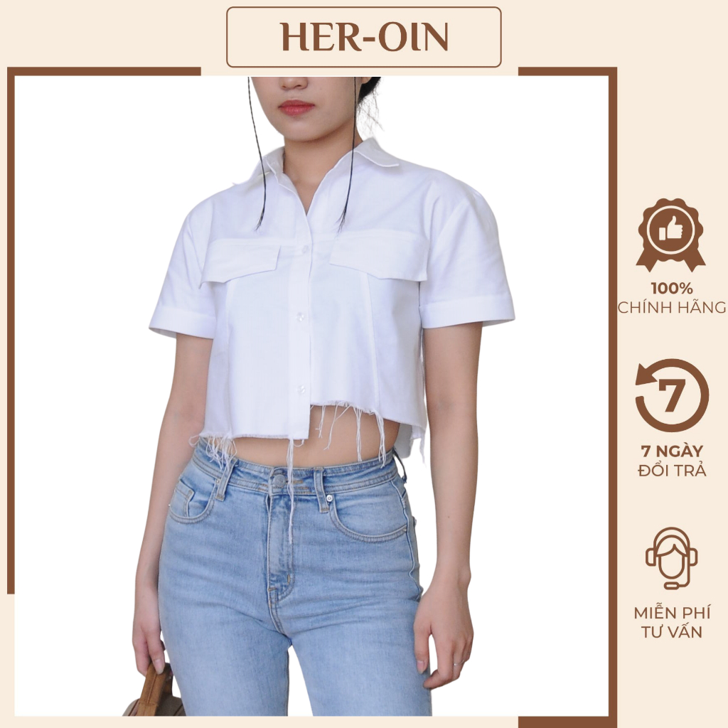 Áo sơ mi croptop ngắn tay vạt lệch màu trắng vải 100 cotton siêu mát. Sơ mi tay ngắn croptop tua rua VIE fashion 2303-06