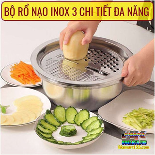 Rổ inox 3 món - bộ nạo rau củ 3 món bào bibomart chậu inox cao cấp đa năng, tiện dụng nhà bếp