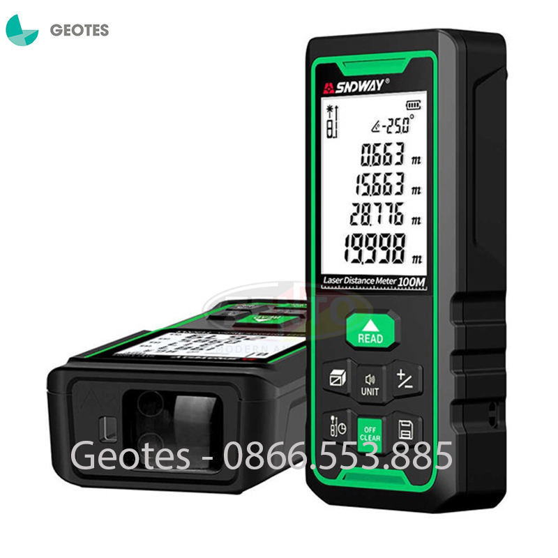 Máy đo khoảng cách Sndway SW-100G bằng tia laser màu xanh, máy chuẩn chính hãng, đo xa 100m, sử dụng được cả ngoài trời