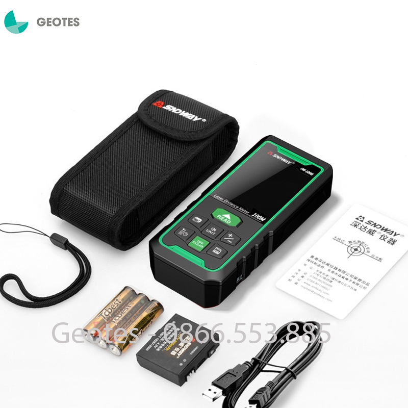 Máy đo khoảng cách Sndway SW-100G bằng tia laser màu xanh, máy chuẩn chính hãng, đo xa 100m, sử dụng được cả ngoài trời